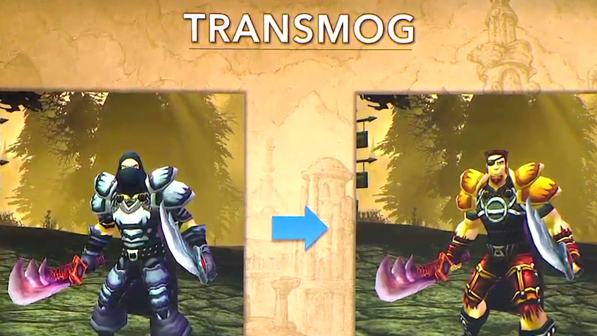 Blizzards Transmog-Vorschau zeigt denselben Charakter mit zwei Rüstungserscheinungsbildern. Die Anzeige ist optional.