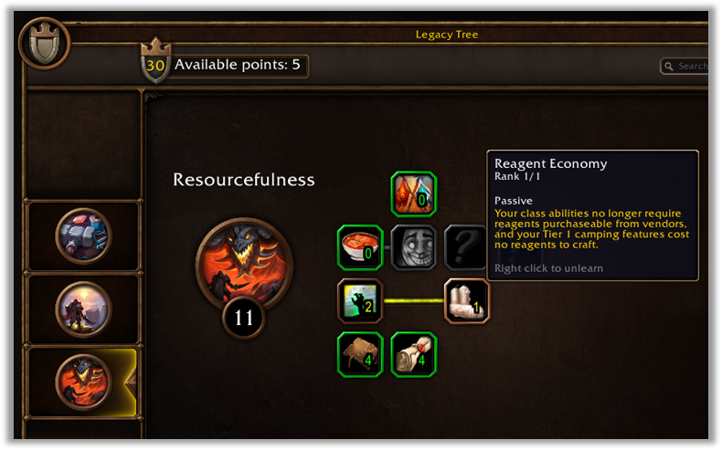 Legacy-Baum Resourcefulness mit dem Talent Reagent Economy. BlizzCon-Vorschau; Punkte und Darstellung sind nicht final.