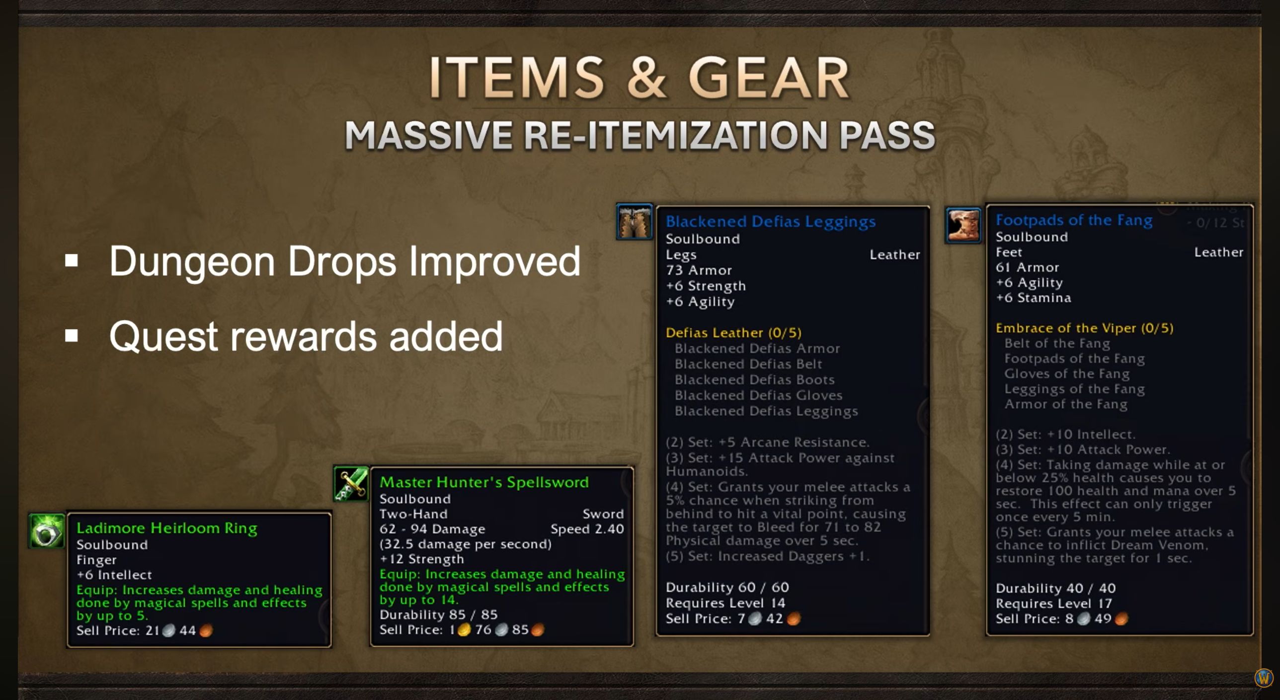 Neue Questbelohnungen und überarbeitete Dungeon-Ausrüstung: Ladimore Heirloom Ring, Master Hunter’s Spellsword und zwei Set-Vorschauen. Werte können sich ändern.
